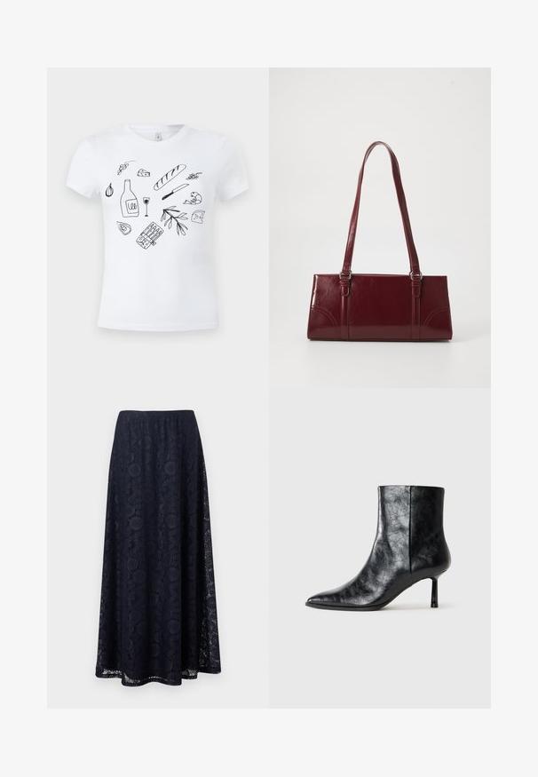 Weißes T-Shirt mit schwarzen Linienzeichnungen von Lebensmitteln, darunter Brot, Käse, Weinflasche und Glas, Garnele, Knoblauch, Oliven und ein Messer.; Marineblauer A-Linien-Rock mit floraler Spitzenüberlagerung und mittellangem Saum, mit einem komplexen kreisförmigen und geometrischen Muster.; Schwarze Leder-Stiefelette mit spitzem Zehenbereich und dünnem, kurzem Absatz. Verfügt über eine strukturierte Oberfläche und ein sauberes Design mit nahtloser Seite.; Burgunderfarbene Handtasche aus glänzendem Material, rechteckige Form, mit zwei Schulterriemen und subtilen, geschwungenen Akzenten an der Vorderseite.