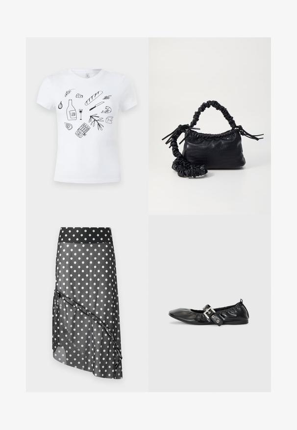 T-shirt blanc avec des dessins au trait noirs représentant des aliments, dont du pain, du fromage, une bouteille de vin et un verre, une crevette, de l'ail, des olives et un couteau.; Jupe à pois noirs avec une superposition transparente, dotée d'une ceinture large et d'un design asymétrique en couches. Texture lisse et matériau léger.; Chaussure plate en cuir noir avec un nez pointu, des détails froncés autour de l'ouverture et un accent en boucle argentée sur la bride ajustable.; Sac à main en simili cuir noir avec une texture crocodile, un dessus resserré et une sangle froncée. A l'apparence douce et compacte.