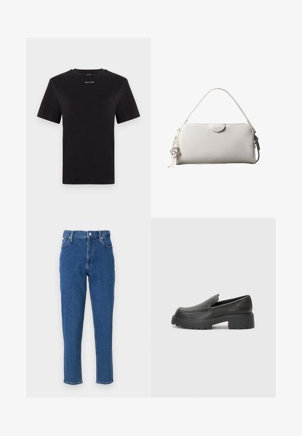 Sort bomulds t-shirt med korte ærmer, rund halsudskæring og lille hvid "Calvin Klein" logo på brystet. Glat tekstur, klassisk pasform.; Blå denim jeans med høj talje, lynlås, fem lommer, lige ben og en diskret fadet tekstur, samt en ren sømfinish.; Sorte læder loafers med rund tå, tyk tekstureret sål og minimale syninger. Elegant design uden synlige snørebånd eller hardware.; Hvid rektangulær Calvin Klein håndtaske med enkelt håndtag, minimalistisk design og dekorative kvaster med geometrisk metalvedhæng på siden.