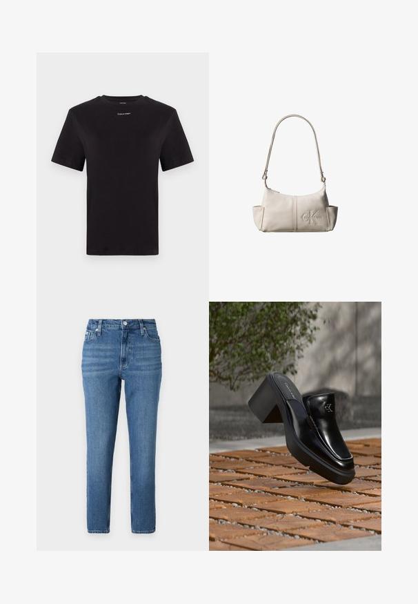 Camiseta de algodón negra con mangas cortas, cuello redondo y pequeño logo blanco de "Calvin Klein" en el pecho. Textura suave, corte clásico.; Jeans de mezclilla azul claro con cintura alta, diseño de pierna recta, estilo de cinco bolsillos y sutil desgaste. Cuenta con cierre de botón metálico y cremallera.; Mule tipo slip-on de cuero negro de Calvin Klein con tacón de bloque descansando sobre baldosas de madera al aire libre cerca de una planta verde y una pared gris.; Pequeña bolsa de hombro de cuero beige con correa ajustable y logotipo de Calvin Klein en relieve en el centro delantero.