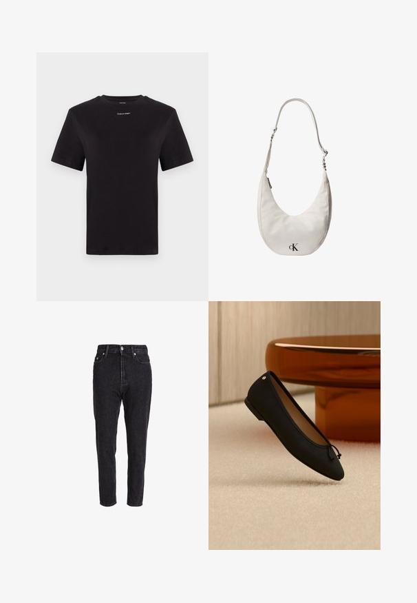 Must musta t-särk lühikeste käistega, ümberringi kaelusega ja väikese valge "Calvin Klein" logo'ga rinnal. Sile tekstuur, klassikaline lõige.; Mustad teksased kõrge vöökohaga, kitsenevad jalad ja klassikaline viie taskuga disain. Kangast tekstuur on veidi tekstureeritud ja vastupidav.; Üksik must baleriiniking, millel on väike lips ja kuldne detail, asetatud beežile vaibale ümmarguse merevaigukollase laua lähedale.; Valge poolkuukujuline nahast õlakott reguleeritava rihma, tõmbluku sulgemise ja esiküljel oleva musta Calvin Kleini logoga.