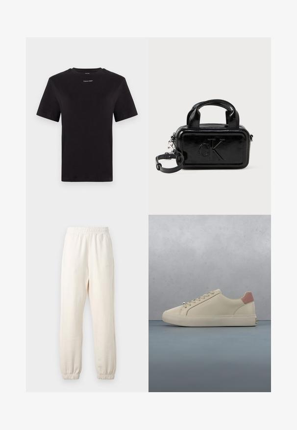 Sort bomulds t-shirt med korte ærmer, rund halsudskæring og lille hvid "Calvin Klein" logo på brystet. Glat tekstur, klassisk pasform.; Kremfarvede joggingbukser med elastisk linning og manchetter, vist fladt mod en lys baggrund.; Sneaker i cremefarve med pink hælfanebånd, beige snørebånd og glat overdel, ophængt over et trægulv med grusfyldte fuger udendørs.; Sorte patentlæder taske i rektangulær form, med to top-håndtag, aftagelig skulderrem og præget "CK" logo på forsiden.