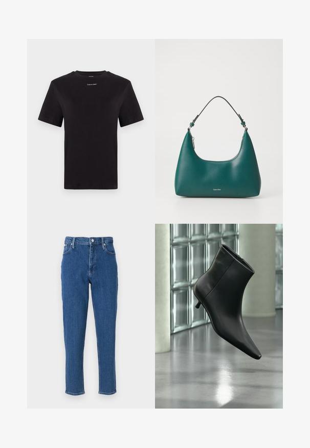 Camiseta de algodón negra con mangas cortas, cuello redondo y pequeño logo blanco de "Calvin Klein" en el pecho. Textura suave, corte clásico.; Jeans de mezclilla azul con una cintura alta, cierre de cremallera, cinco bolsillos, piernas rectas y una sutil textura desgastada, con un acabado de dobladillo limpio.; Botín negro de cuero con punta puntiaguda y tacón bajo estilo kitten, mostrado en ángulo sobre un suelo pulido y con una pared de bloques de vidrio de fondo.; Bolso de mano en color teal con forma curva y una correa para el hombro, presentando un sutil logo de Calvin Klein en la parte frontal sobre un fondo blanco liso.