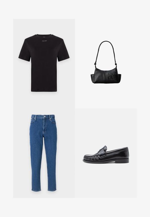 Must musta t-särk lühikeste käistega, ümberringi kaelusega ja väikese valge "Calvin Klein" logo'ga rinnal. Sile tekstuur, klassikaline lõige.; Sinine teksapükste mudel, mis sisaldab kõrget vööd, tõmblukkude sulgemist, viit taskut, sirget jalga ning peent pleekinud tekstuuri, lõpuks puhta ääristusega.; Mustad nahast loafers musta värvi, ümarate varvastega, eristuva õmblusega ja dekoratiivse rihmaga vampi üle. Sile viimistlus ja madal konts.; Mustast nahast õlakott pika sangaga, küljetaskute ja esiküljele pressitud Calvin Kleini logoga.