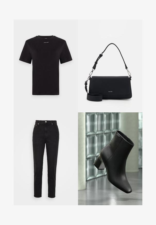 Must musta t-särk lühikeste käistega, ümberringi kaelusega ja väikese valge "Calvin Klein" logo'ga rinnal. Sile tekstuur, klassikaline lõige.; Mustad kõrge vöökohaga kitsad teksad esiseppide, vöökummide ja viie taskuga disainiga valgel taustal.; Mustast nahast pahkluu saabas plokkseseljaga, DKNY logo lähedal ülaosas, eksponeeritud klaasplokiseina ja poleeritud betoonpõranda taustal.; Must värviline sünteetiline käekott, millel on sile tekstuur, klapiga sulgemine ja eemaldatav õlakott. Omab hõbedast riistvara ja brändi logo.