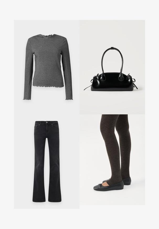 Top de punto acanalado de mangas largas en gris oscuro, con puños, escote y dobladillo de borde rizado.; Jeans de mezclilla negros acampanados, que cuentan con un diseño clásico de cinco bolsillos, cierre de botón y detalles de costura sutiles.; Piernas con leggings oscuros acanalados combinados con bailarinas negras que presentan pequeños detalles de lazo sobre un fondo blanco.; Pequeño bolso negro brillante con dos asas largas y detalles de cordón lateral sobre un fondo claro liso.
