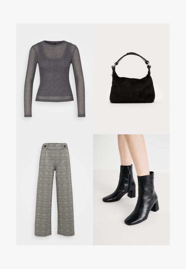 Haut gris à manches longues en tissu côtelé. Il présente un col arrondi et des textures mélangées, avec des rayures horizontales et verticales contrastées.; Pantalons larges en motif pied-de-poule gris. Comprend deux poches avant et une taille haute avec deux boutons noirs. Tissu en mélange de coton.; ONLY SHOES ONLBRIELLE - Boots à talons - black; Sac à main en fausse fourrure noire avec une texture douce, une forme arrondie et une bandoulière en cuir noir robuste. Accent en métal argenté visible.