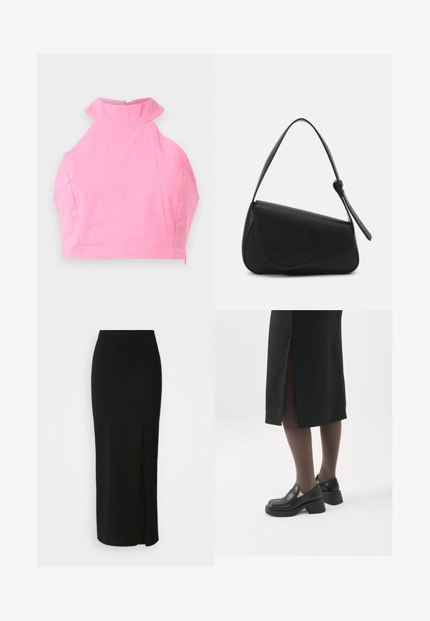 Top court rose avec un col froncé haut, texture lisse et fermeture à glissière à l'arrière. Coupe ajustée sans motifs ou accents supplémentaires.; Jupe noire, de longueur genou, fabriquée en tissu doux et extensible. Elle possède une taille ajustée et une fente sur le côté pour faciliter les mouvements.; Femme portant des mocassins noirs à talons épais, des collants noirs transparents et une jupe noire fendue à l'arrière sur fond blanc.; Sac à main en cuir noir de forme triangulaire, avec un rabat incliné et une poignée supérieure arrondie. Il présente une texture lisse et des détails de design minimalistes.