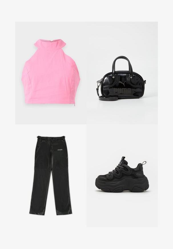 Lyserød cropped top med høj flæsekrave, glat tekstur og lynlås lukning bagpå. Skræddersyet pasform uden yderligere mønstre eller detaljer.; Sorte bukser af imiteret læder med et elegant design, der har et logo på venstre side, lige ben og traditionelle bæltestropper.; Sorte sneakers med en chunky design, der har en tekstureret overdel, mesh-paneler og tyk gummisål. Reflekterende snørebånd og branddetaljer er synlige.; Sort lakeret håndtaske med dobbelte top-håndtag, aftagelig skulderrem, rund form og et fremtrædende præget "PUMA"-logo.