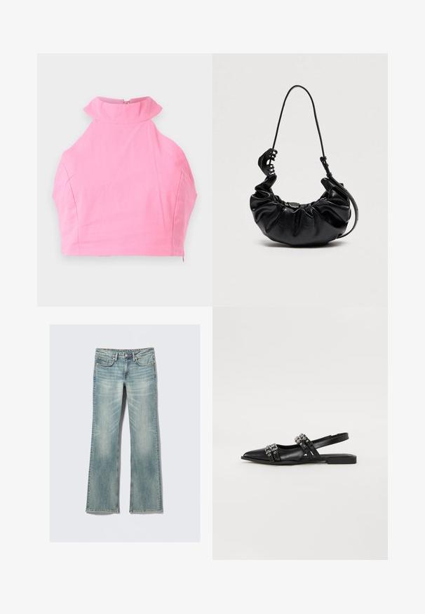 Roze cropped top met een hoge ruches kraag, gladde textuur en een ritssluiting aan de achterkant. Strakke pasvorm en geen extra patronen of accenten.; Lichtblauwe denim flared jeans met vervaagde plekken, een ritssluiting, vijf zakken en contrasterende stikseldetails. Zachte textuur en volledige lengte.; Even&Odd by Zalando Slingback ballerina´s - black; Zwarte gerimpelde leren handtas met verstelbare schouderriem en grote zwarte haarclip bevestigd aan de riem op een effen achtergrond.