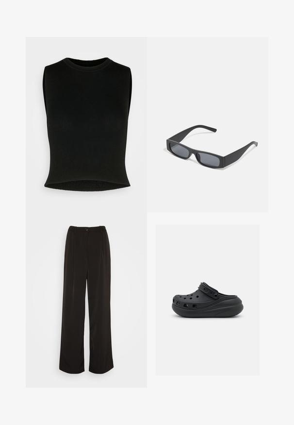 Sort ærmeløs ribbet crop top med rund hals; glat tekstur og tætsiddende design. Ideel til lagdeling eller som enkeltstående beklædning.; Vero Moda Wide leg VMLUNADESI Mid waist - Bukser - black; Sorte gummiklipper med ventilationshuller, hævet hæl og justerbar rem. Glat tekstur og rund form.; Sorte rektangulære solbriller med mørke linser og tykke matte stel. Armen er let tilspidset med en glat overflade.