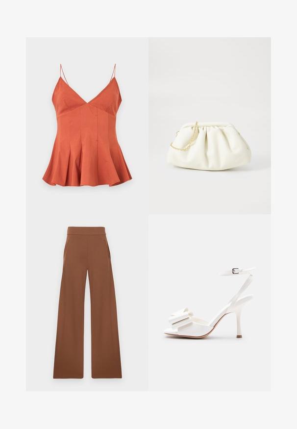 Haut sans manches orange rouille avec fines bretelles spaghetti, encolure en V, buste ajusté et ourlet évasé plissé.; Pantalons larges marron en tissu lisse et extensible. Dotés d'une taille haute et de poches latérales, conçus pour une coupe décontractée.; Sandale blanche à talon haut avec bride à la cheville, bout ouvert et nœud décoratif sur la bride avant sur un fond uni.; Sac à main en cuir blanc avec un design plissé, doté d'une bandoulière en chaîne dorée et d'une forme arrondie. Texture lisse avec des plis doux et sans motifs.