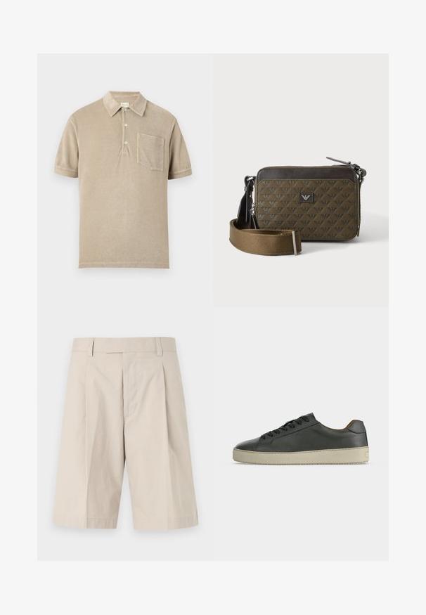 Polo beige à manches courtes avec trois boutons et une poche poitrine, en tissu doux texturé.; Shorts beige arrivant aux genoux avec passants pour ceinture, braguette zippée à l'avant et un pli sur chaque jambe.; Baskets basses en cuir noir avec lacets noirs et semelle en caoutchouc écrue, vues de côté extérieur sur fond blanc.; Petit sac bandoulière rectangulaire marron avec texture à motifs, patch logo devant, fermeture éclair et large bandoulière réglable.