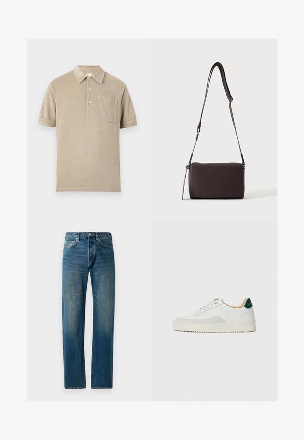 Beige polo met korte mouwen, drie knopen en een borstzak, gemaakt van een zachte, gestructureerde stof.; Blauwe denim jeans met een recht gesneden ontwerp, voorzien van een vijf-pocketstijl, subtiele vervaging en contrasterende stikselaccenten.; Witte sneaker met suède accenten, ronde neus, platte veters en een crème rubberen zool. Bevat groene branding op de hiel.; Donkerbruine gestructureerde leren crossbodytas met verstelbare riem en klein decoratief blauw accent aan de zijkant.