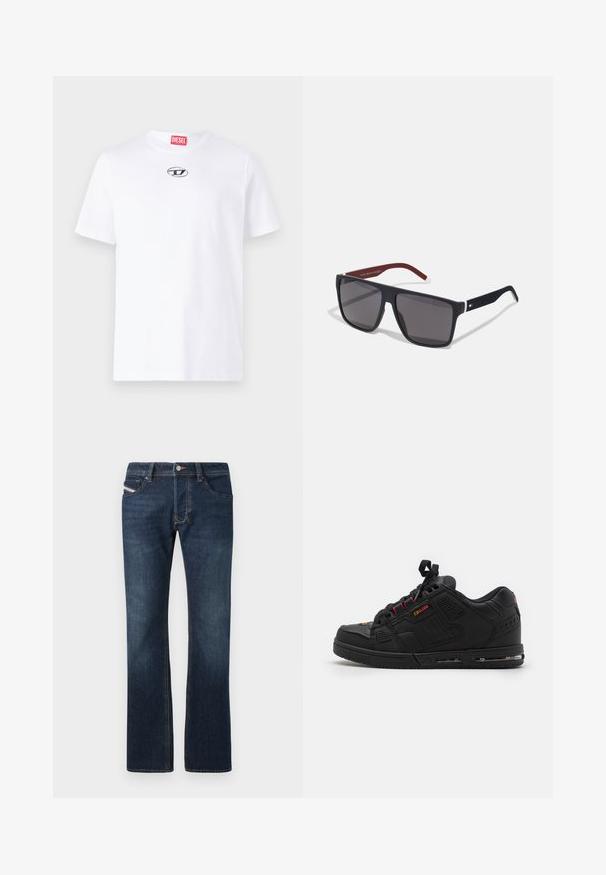 Camiseta de algodón blanca con mangas cortas, que presenta un escote redondo y un parche del logo plateado de Diesel en el pecho. Diseño simple, color sólido.; Jeans de mezclilla azul oscuro con corte recto, cinco bolsillos y detalles de costura sutiles. Cuenta con cierre de botón metálico y cremallera.; Zapatilla deportiva negra con parte superior de cuero liso, acentos rojos, cordones redondos y un perfil bajo. Presenta perforaciones para la transpirabilidad.; Tommy Hilfiger Gafas de sol - matte blue