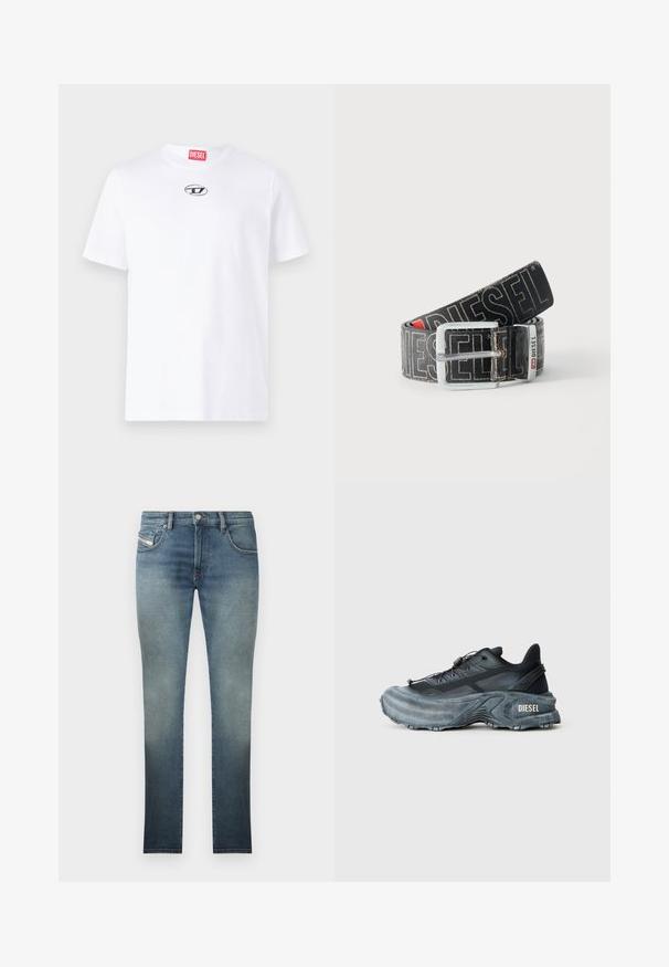 Camiseta de algodón blanca con mangas cortas, que presenta un escote redondo y un parche del logo plateado de Diesel en el pecho. Diseño simple, color sólido.; Jeans ajustados en un lavado azul desgastado, con un diseño de cinco bolsillos, cierre de botón metálico y costuras en contraste. Textura ligeramente desgastada.; Zapatilla Diesel en negro y gris con suela gruesa, cierre de cordón y diseño texturizado sobre un fondo liso de color gris claro.; Cinturón negro Diesel con gran texto de logo en blanco, hebilla rectangular plateada y detalle de la anilla metálica con marca, enrollado sobre un fondo claro.