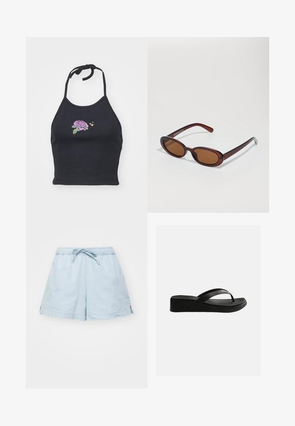 Haut noir à dos nu en coton doux avec une rose pink brodée et des feuilles vertes. Présente des bretelles à nouer et un design ajusté.; Shorts légers de couleur bleu clair avec une taille élastique et un cordon de serrage. Dotés de poches latérales et d'une coupe décontractée, fabriqués en tissu doux.; Sandale tongs compensée noire avec semelle texturée et fines lanières arborant un logo discret sur un fond blanc uni.; Lunettes de soleil rondes teinte brun avec une monture bordeaux brillante. Branches fines avec un détail de marque subtil. Design de verres plats.