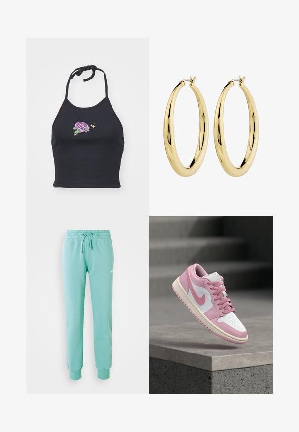 Sort halterneck-top lavet af blød bomuld med en broderet pink rose og grønne blade. Har en bindestrop og tætsiddende design.; Mintgrønne sweatpants med elastisk talje, snoretræk og ribstrikkede manchetter. Har et lille hvidt Nike-logo på venstre lår.; Lyserød og hvid Nike Air Jordan sneaker svæver over en betonkant med trapper i den slørede baggrund.; Guld hoops øreringe med en glat, poleret overflade. Cirkelformet, med en sikker lås på toppen. Overfladen reflekterer lys.