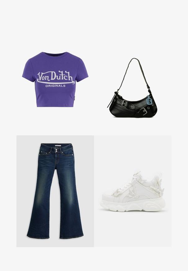 Lila kurz geschnittenes T-Shirt aus Baumwolle, mit einem weißen Grafikdruck von "Von Dutch" und "ORIGINALS" in einer fetten, stilisierten Schrift.; Dunkelblaue Jeans im Super-Low-Flare-Schnitt mit Front- und Gesäßtaschen, doppeltem Knopfverschluss und verwaschenen Details an Oberschenkeln und Knien.; Weißer klobiger Sneaker mit dicker Sohle und dekorativen 3D-Schmetterlingsakzenten an der Seite, den Schnürsenkeln und der Ferse.; Schwarze synthetische Handtasche mit geschwungener Form, verstellbarem Riemen und dekorativen Metall-Schnallen. Besitzt eine glatte, glänzende Textur.
