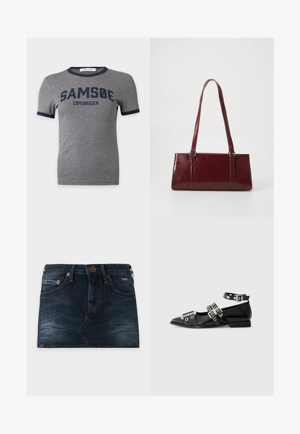 Gray short-sleeve t-shirt with navy edging on collar and sleeves, featuring navy text "SAMSOE COPENHAGEN" on front.; Dark blue denim mini skirt with front button, zipper, belt loops, front and back pockets, and subtle faded details, lying flat on a white background.; Black pointed flat shoe with three silver buckled straps, ankle strap with eyelets, and metallic detail on toe area.; Burgundy handbag made of glossy material, rectangular shape, with two shoulder straps and subtle curved accents on the front.