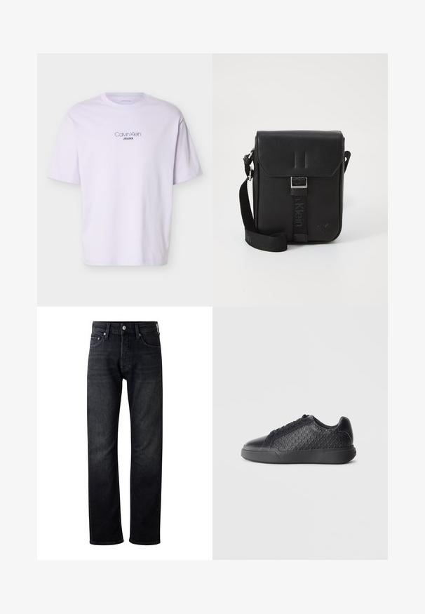 Witte T-shirt met korte mouwen met de tekst "Calvin Klein JEANS" in zwarte letters centraal op de borst gedrukt.; Heren donkerdenim jeans met een recht gesneden ontwerp, voorzien van een klassieke vijfzakstijl en metalen knoopsluiting. Diverse wassingen zichtbaar.; Zwarte sneaker gemaakt van gestructureerd synthetisch materiaal, met een diamanten patroon, ronde neus, platte rubberen zool en een klassieke vetersluiting.; Zwarte leren schoudertas met klepsluiting, zilveren hardware, verstelbare schouderband en gegraveerd logo aan de voorkant. Textuur oppervlak.