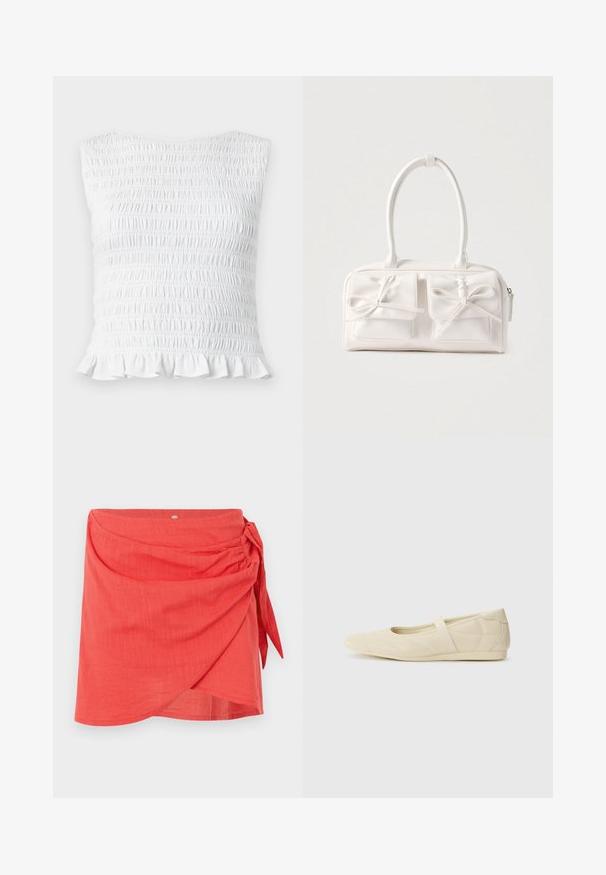 Haut blanc sans manches à smocks avec texture élastique froncée et ourlet à volants, conçu pour une silhouette ajustée et extensible.; Mini-jupe corail style portefeuille avec un nœud latéral et un tissu subtilement texturé sur un fond clair uni.; Ballerines beiges avec une exterior en cuir lisse, un bout en forme d'amande et une sangle élastique sur le coup de pied, avec des détails de couture subtils.; Sac à main synthétique blanc avec deux poches avant, chacune ornée d'un nœud noué. Texture lisse, anses arrondies et fermeture zippée.