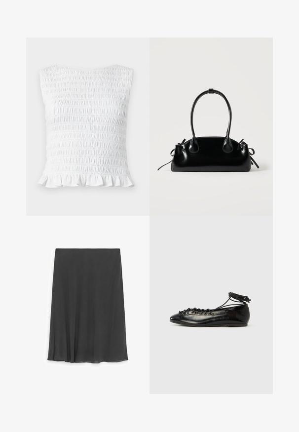 Haut blanc sans manches à smocks avec texture élastique froncée et ourlet à volants, conçu pour une silhouette ajustée et extensible.; Jupe noire longueur genou en ligne A avec un ourlet subtilement festonné et une taille simple, présentée sur fond blanc.; Ballerines en cuir verni noir avec un bout rond, un design à lacets et une semelle plate. Texture lisse avec peu de détails.; Petit sac à main noir brillant avec deux longues anses et des détails à cordon sur les côtés sur un fond clair uni.