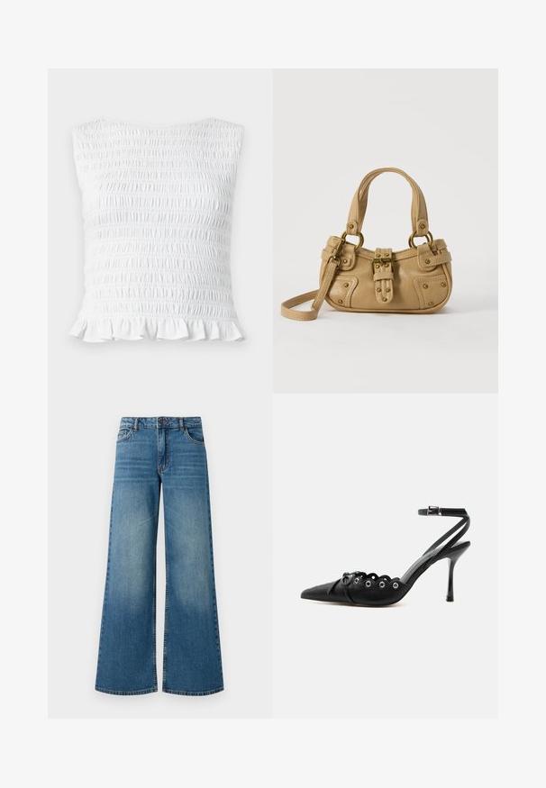 Hvid ærmeløs top med smockdetalje og elastisk, rynket tekstur samt flæsekant, designet til en tætsiddende og strækbar pasform.; Bredde ben blå denimjeans med en falmet finish, fem-lomme design og standard talje med metalknap og lynlåslukning.; Sort spids hæl med bølgede kanter, metaløjer, snørelukning foran og ankelrem med spænde.; Beige læderhåndtaske med dobbelte håndtag, messing spænde og nitte detaljer samt en justerbar skulderrem mod en hvid baggrund.