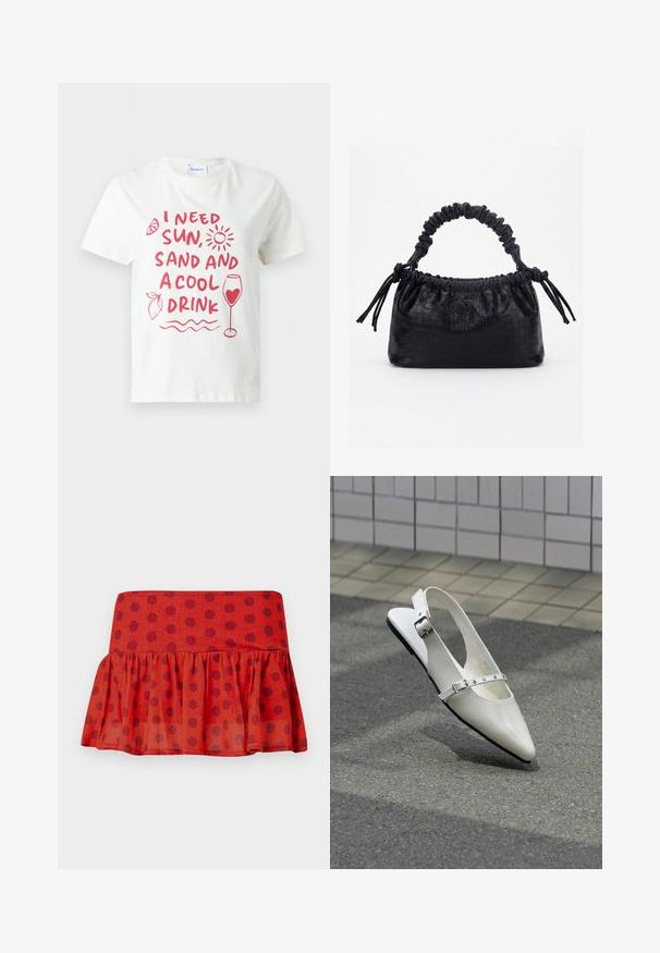 Camiseta blanca de manga corta con texto rojo "Necesito sol, arena y una bebida fresca" e ilustraciones de sol, limón, olas y una copa de vino con un corazón.; Falda roja con volantes y lunares negros, hecha de un tejido ligero. Presenta una cinturilla ajustada y un diseño de capas.; Zapato plano blanco con punta puntiaguda y diseño slingback con dos hebillas plateadas, mostrado al aire libre sobre un suelo texturizado y fondo de pared con azulejos.; Bolso negro con textura de cocodrilo, borde superior fruncido, asa recogida y cordones con borlas en cada lado sobre un fondo blanco.