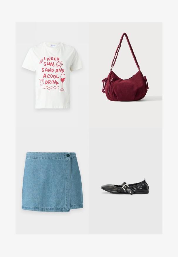 Wit T-shirt met korte mouwen met rode tekst "Ik heb zon, zand en een koel drankje nodig" en illustraties van zon, citroen, golven en een wijnglas met een hart.; Leren denim rok in lichtblauw, met een wikkelontwerp en een enkele knoopsluiting en gestikte zoom. Glad oppervlak zonder patronen.; Zwarte leren platte schoen met een spitse neus, geplooide details rond de opening en een zilveren gespaccentueerde verstelbare band.; Zachte kastanjebruine corduroy schoudertas met verstelbare band, ritssluiting, zijstrikjes en een voorvak met rits.