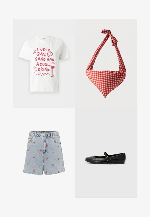 Weißes T-Shirt mit kurzen Ärmeln und rotem Text "Ich brauche Sonne, Sand und ein kühles Getränk" sowie Illustrationen von Sonne, Zitrone, Wellen und einem Weinglas mit Herz.; Hellblaue Jeansshorts mit roter Blumenstickerei. Sie verfügen über eine hohe Taille, Fronttaschen und einen geraden Schnitt.; Schwarze Leder-Ballerinas mit einer runden Spitze, einer flachen Sohle und einem dünnen, verstellbaren Riemen über dem Spann mit einer Metallschnalle.; Weiche Stoff-Schultertasche mit rot-weiß kariertem Muster, geknotetem Griff und dreieckiger Form vor einfarbigem Hintergrund.