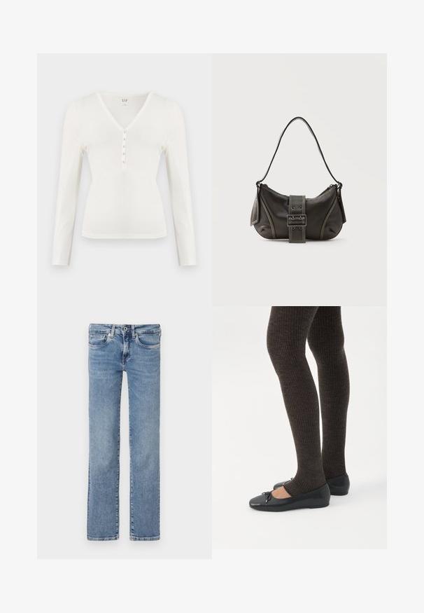 Hvid langærmet V-hals skjorte med en blød tekstur og fem knapper i stolpelukningen. Har et figursyet design og diskrete syningsdetaljer.; Lyseblå denimjeans, straight-leg design, fem-lomme stil, knap- og lynlåslukning, med subtil falmning og en ren kant.; Ben iført mørke ribbede leggings kombineret med sorte balletsko med små sløjfedetaljer på hvid baggrund.; Sort læder skuldertaske med spænde på remmen, afrundede kanter og kontrasterende hvide syninger på en ensfarvet baggrund.