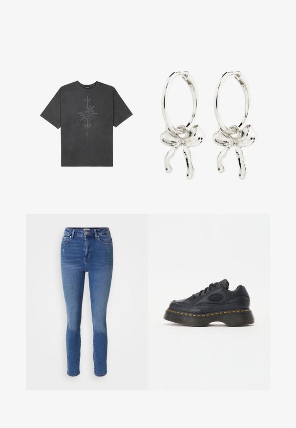 Mørkegrå oversized t-shirt lavet af bomuld, med et centralt solgrafik med indviklede linjedetaljer trykt på forsiden.; Blå denim jeans med høj talje, fem-lomme design, let falmning og taperet ben. Har en knap- og lynlås-lukning.; Sort lædersneaker med struktureret overflade, rund tå og tyk plateau sål. Har gule kontrastsyninger og et mærke-logo på siden.; Sølv hoop øreringe med en sløjfedetail i midten, der fremhæver en poleret overflade og en glat tekstur.