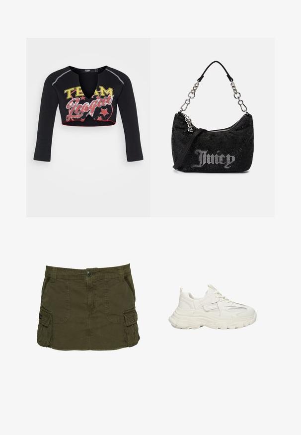 Jaded London CROPPED RAGLAN WITH CONTRAST STITCH & PLACEMENT SCREEN PRINT - Longsleeve - mehrfarbig; Kaki groene cargorok van een katoenmix, met zijzakken, zichtbare stiksels en een knoopsluiting in de taille.; Robuuste witte sneakers met een textuur bovenkant met mesh details, dikke rubberen zool, ronde neus en decoratieve accenten aan de zijkanten.; Zwarte tas met rhinestone versieringen, een gebogen vorm en een zilveren kettinghandvat. Voorzien van een rits en het "Juicy" logo in het wit.
