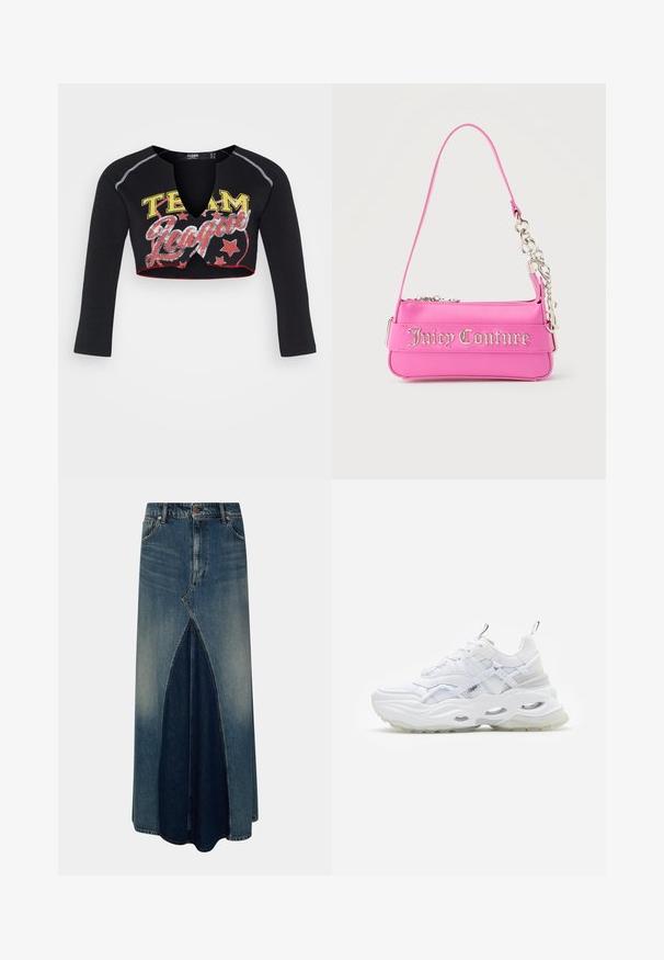 Jaded London CROPPED RAGLAN WITH CONTRAST STITCH & PLACEMENT SCREEN PRINT - Pikkade varrukatega topp - mehrfarbig; Sinine denim maxi-seelik esi inversse pleatsiga, vöökohtadega, nupuga ja tõmblukuga kinnitamine ning pleekinud pesu detailidega.; Valge kirkada paksu tallaga, kihilise võrgu ja sünteetilisest materjalist ülemise osaga, millel on mustrilised aktsendid, nööri süsteem ja tõmbevahe.; Väike erkroosa Juicy Couture käekott hõbedase kett-detaili ja esiküljel oleva logoga, ühe kitsas õlakinnitus.