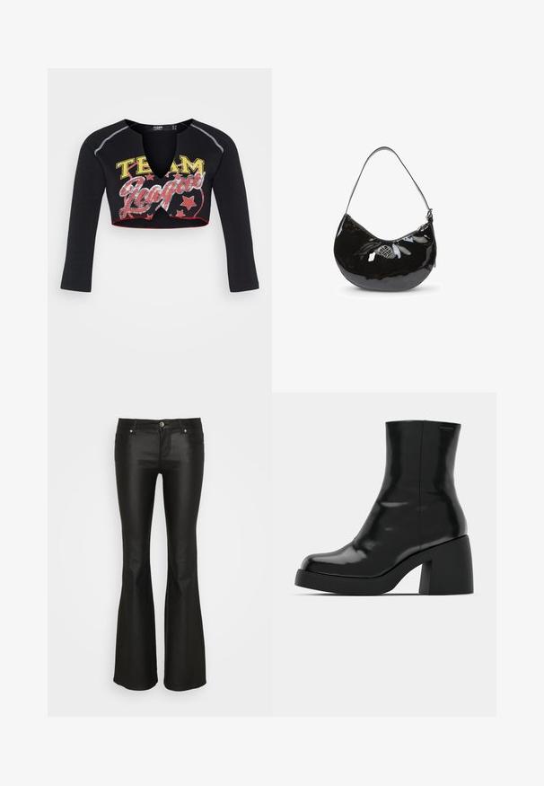 Jaded London CROPPED RAGLAN WITH CONTRAST STITCH & PLACEMENT SCREEN PRINT - Top s dlhým rukávom - mehrfarbig; ONLY ONLTIGER LOW WAISTED FLARED - Nohavice - black; Čierne členkové topánky s lesklým povrchom, štvorcovou špičkou a širokým blokovým opätkom. Dizajn sa vyznačuje bezšvovou siluetou a minimálnym brandingom.; Čierna lakovaná kožená kabelka s oblým tvarom, s jedným ramenným popruhom, zipsovým uzáverom a ozdobným metalickým logom. Hladká textúra.