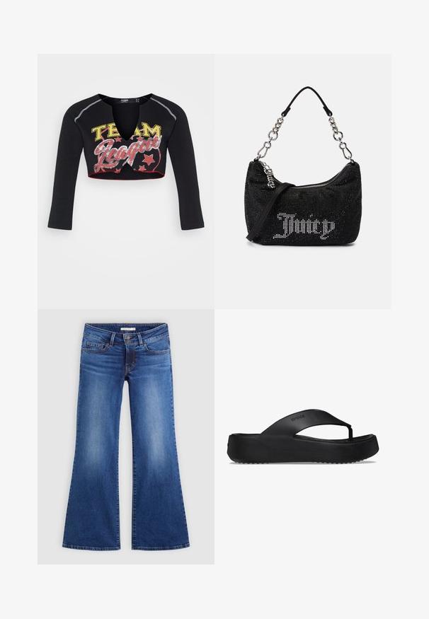 Jaded London CROPPED RAGLAN WITH CONTRAST STITCH & PLACEMENT SCREEN PRINT - Longsleeve - mehrfarbig; Uitgebreide blauwe jeans van denim, met een klassiek vijf-pocket ontwerp, lichte wassing en contrasterende stiksels langs de naden.; Zwarte flip-flop sandaal met een verhoogde zool, gemaakt van rubbermateriaal. Kenmerkt zich door een teenband en een gestructureerde voetbed voor grip.; Zwarte tas met rhinestone versieringen, een gebogen vorm en een zilveren kettinghandvat. Voorzien van een rits en het "Juicy" logo in het wit.