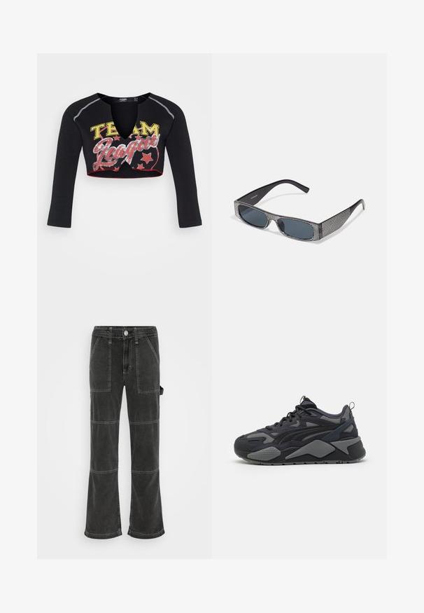 Jaded London CROPPED RAGLAN WITH CONTRAST STITCH & PLACEMENT SCREEN PRINT - Pikkade varrukatega topp - mehrfarbig; BDG Urban Outfitters UTILITY SKATE - Avar lõikega teksad - washed black; Mustavad sportlikud tennisetossud, millel on võrkriba ja tekstiilist pealmine osa hallide aktsentidega, paks tallaga ja iseloomulike disainijoontesega.; Mustad mustad prillid hallide objektiividega, mille äärtes on peen metallist rhinestone'idest koosnev ruuduline muster. Sile viimistlus, nurgeline disain.