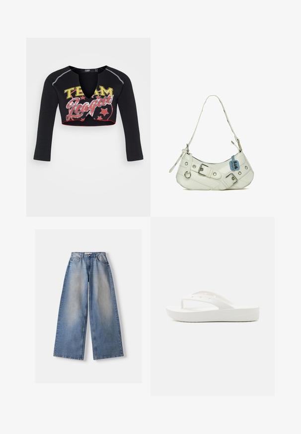 Jaded London CROPPED RAGLAN WITH CONTRAST STITCH & PLACEMENT SCREEN PRINT - T-shirt à manches longues - mehrfarbig; Jean bleu clair à jambes larges avec un devant délavé, style cinq poches, fermeture par bouton et fermeture éclair, posé à plat sur fond blanc.; Sandale en plastique blanc avec un fond texturé, semelle surélevée et fines sangles. Fabriquée en matériau semblable au caoutchouc sans quincaillerie visible.; Sac à main synthétique blanc avec une silhouette incurvée, une bandoulière réglable, une boucle décorative, du matériel en argent et une étiquette bleue attachée.