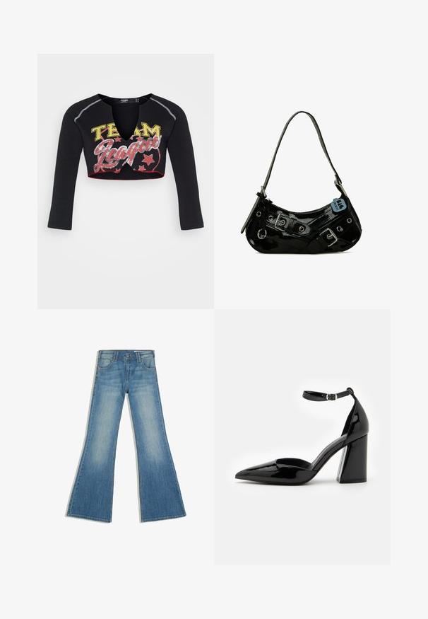 Jaded London CROPPED RAGLAN WITH CONTRAST STITCH & PLACEMENT SCREEN PRINT - Longsleeve - mehrfarbig; Blauwe spijkerbroek met uitlopende pijpen, voorzakken en knoopsluiting, afgebeeld tegen een witte achtergrond.; Zwarte lakleren hoge hak met een spitse neus, enkelbandje en brede blokhak voor stabiliteit, met een gladde glanzende textuur.; Zwarte gepatineerde leren handtas met een gebogen vorm, voorzien van zilveren hardware, decoratieve sluitingen en een korte schouderband. Blauwe label bevestigd.