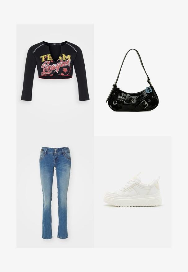 Jaded London CROPPED RAGLAN WITH CONTRAST STITCH & PLACEMENT SCREEN PRINT - T-shirt à manches longues - mehrfarbig; Jean en denim bleu clair avec une légère décoloration, bas évasé, fermeture à deux boutons, design classique à cinq poches et détails de couture subtils.; Baskets en cuir blanc avec une semelle épaisse, design à lacets et branding subtil. Présentent une texture lisse et un bout arrondi.; Sac à main en cuir verni noir avec une forme incurvée, présentant des ferrures en argent, des boucles décoratives et une bandoulière courte. Étiquette bleue attachée.