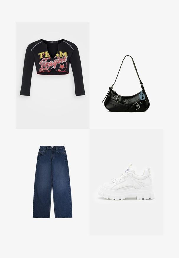 Jaded London CROPPED RAGLAN WITH CONTRAST STITCH & PLACEMENT SCREEN PRINT - Longsleeve - mehrfarbig; Blauwe wijde spijkerbroek met vijf zakken, riemlussen en knoopsluiting in de taille, plat neergelegd op een witte achtergrond.; Witte chunky sneakers met een textuur bovenkant, gevoerde kraag en dikke, gegroefde zool. Voorzien van contrasterende zwarte veters en merkaanduiding.; Zwarte synthetische handtas met een gebogen vorm, verstelbare schouderriem en decoratieve metalen gespen. Heeft een gladde, glanzende textuur.