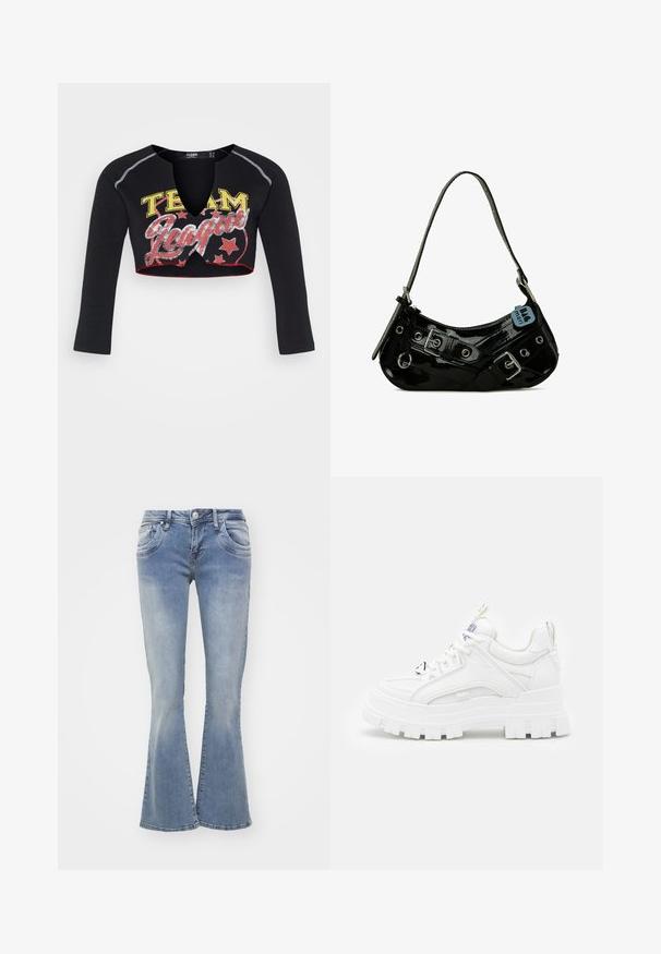 Jaded London CROPPED RAGLAN WITH CONTRAST STITCH & PLACEMENT SCREEN PRINT - Top s dlhým rukávom - mehrfarbig; Modré rozšírené džínsy vyrobené z denim, s ľahkým praním, piatimi vreckami a zapínaním na gombík. Nohavice sú široké na leme.; Biele robustné tenisky s textúrovaným zvrškom, polstrovaným golierom a hrubou, ryhovanou podrážkou. Obsahuje kontrastné čierne šnúrky a detaily s logom.; Čierna lakovaná kožená taška s zakriveným tvarom, s striebornými kovaniami, dekoratívnymi prackami a krátkym popruhom. Pripojená modrá visačka.
