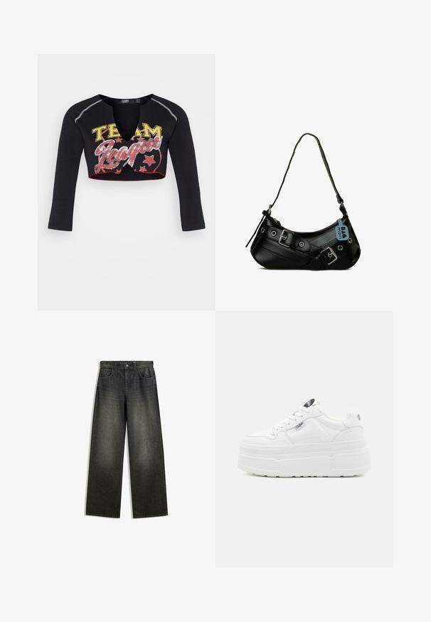 Jaded London CROPPED RAGLAN WITH CONTRAST STITCH & PLACEMENT SCREEN PRINT - Longsleeve - mehrfarbig; Wijduitlopende spijkerbroek in donkergrijs denim met een vervaagde afwerking, vijf zakken en een knoopsluiting op de tailleband.; Witte platform sneakers met een glad synthetisch buitenkant, ronde neus, gewatteerde kraag en textuurzool. Bevat een contrasterend logo label.; Zwarte synthetische handtas met een gebogen vorm, verstelbare schouderriem en decoratieve metalen gespen. Heeft een gladde, glanzende textuur.