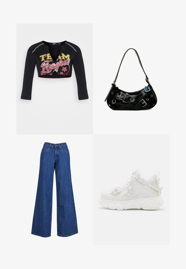 Jaded London CROPPED RAGLAN WITH CONTRAST STITCH & PLACEMENT SCREEN PRINT - Longsleeve - mehrfarbig; Brede denim jeans in medium blue, met een hoge taille, contrasterende stiksels en een klassiek vijf-pocket ontwerp.; Witte chunky sneaker met dikke zool en decoratieve 3D vlinderaccenten aan de zijkant, veters en hiel.; Zwarte gepatineerde leren handtas met een gebogen vorm, voorzien van zilveren hardware, decoratieve sluitingen en een korte schouderband. Blauwe label bevestigd.