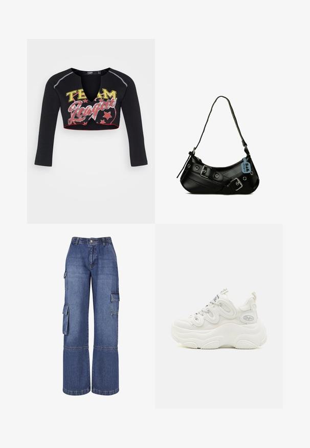 Jaded London CROPPED RAGLAN WITH CONTRAST STITCH & PLACEMENT SCREEN PRINT - Longsleeve - mehrfarbig; Brede spijker cargo broek in medium blauw, met meerdere zijzakken, een knoopsluiting en contrasterende stiksels langs de naden.; Witte chunky sneakers met een bovenwerk van mesh en synthetisch materiaal, een gebogen vorm, een gestructureerde zool en een opvallend vetersysteem met logo-details.; Zwarte synthetische handtas met een gebogen vorm, verstelbare schouderriem en decoratieve metalen gespen. Heeft een gladde, glanzende textuur.