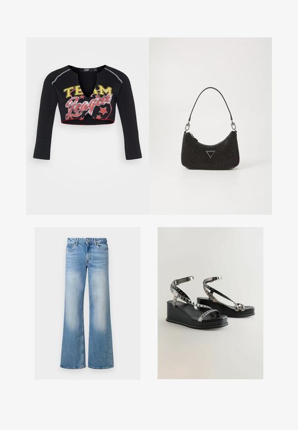 Jaded London CROPPED RAGLAN WITH CONTRAST STITCH & PLACEMENT SCREEN PRINT - Longsleeve - mehrfarbig; Lichtblauwe denim flared jeans met een vervaagde textuur, hoge taille en vijf-pocketdesign, voorzien van een knoop- en ritssluiting.; Zwarte wedge-sandalen met metallic banden en cirkelvormige uitsparingen. Gladleren afwerking met een witte stiksel-details.; Zwarte parelhandtas met een gebogen vorm, uitgerust met een enkele leren schouderband, driehoekig logo-detail en ritsluiting.