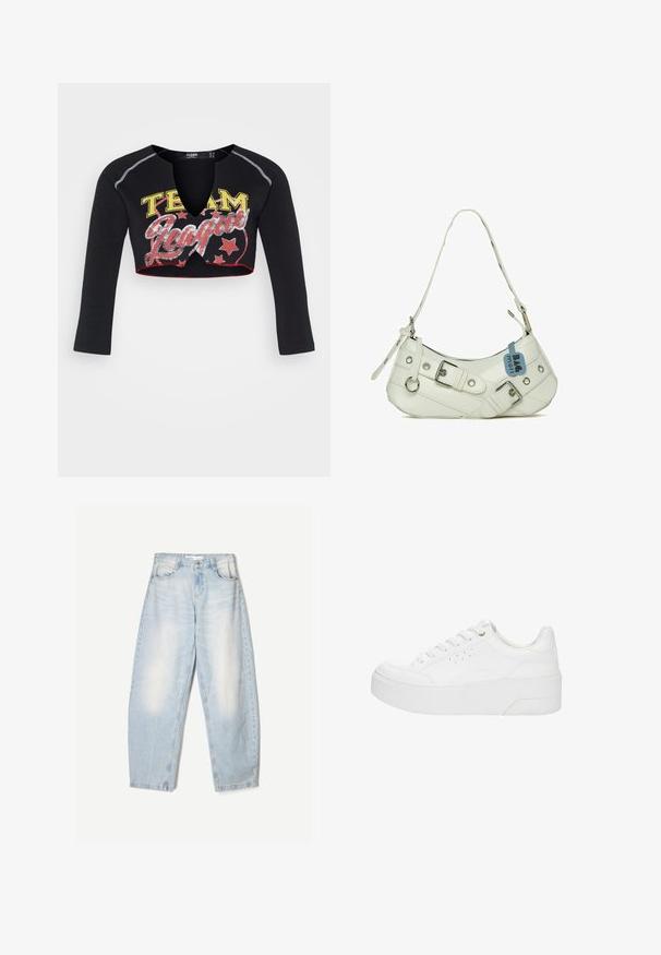 Jaded London CROPPED RAGLAN WITH CONTRAST STITCH & PLACEMENT SCREEN PRINT - T-shirt à manches longues - mehrfarbig; Jean en denim bleu clair à coupe décontractée, avec une finition délavée, deux poches avant et une fermeture par bouton au niveau de la taille.; Baskets à plateforme blanches avec lacets à l'avant, détails perforés sur le côté et semelle épaisse, vues de profil extérieur sur un fond blanc.; Sac à main synthétique blanc avec une silhouette incurvée, une bandoulière réglable, une boucle décorative, du matériel en argent et une étiquette bleue attachée.