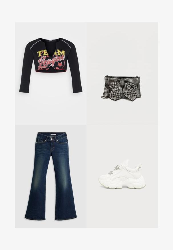 Jaded London CROPPED RAGLAN WITH CONTRAST STITCH & PLACEMENT SCREEN PRINT - T-shirt à manches longues - mehrfarbig; Jean flare super bas en denim bleu foncé avec poches avant et arrière, fermeture à double bouton et détails décolorés sur les cuisses et les genoux.; Baskets blanches épaisses avec semelle texturée épaisse, étoile et décorations papillon argentées sur les lacets blancs, et clous argentés sur la languette du talon.; Sacoche noire ornée d'un grand nœud, décorée de clous en argent, avec une bandoulière en chaîne et une surface texturée qui capte la lumière.