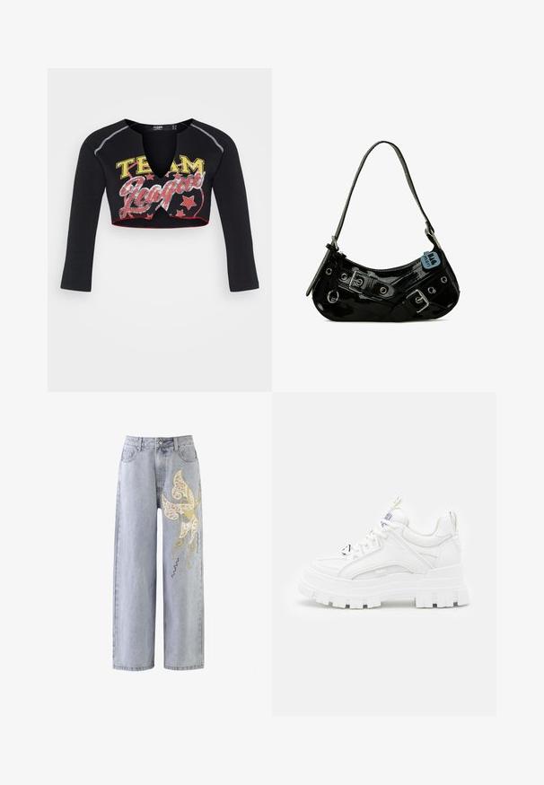 Jaded London CROPPED RAGLAN WITH CONTRAST STITCH & PLACEMENT SCREEN PRINT - Longsleeve - mehrfarbig; Lichtblauwe wijde jeans met een vlinderontwerp in gouden en ivoorkleurige borduursels, met decoratieve stikdetails.; Witte chunky sneakers met een textuur bovenkant, gevoerde kraag en dikke, gegroefde zool. Voorzien van contrasterende zwarte veters en merkaanduiding.; Zwarte gepatineerde leren handtas met een gebogen vorm, voorzien van zilveren hardware, decoratieve sluitingen en een korte schouderband. Blauwe label bevestigd.